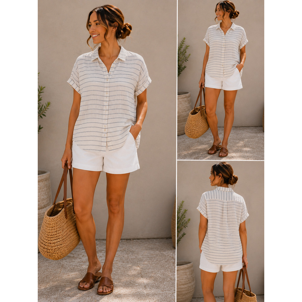 Universal Thread Blue White Stripe Linen Blend Top Women's Relaxed Fit Size L